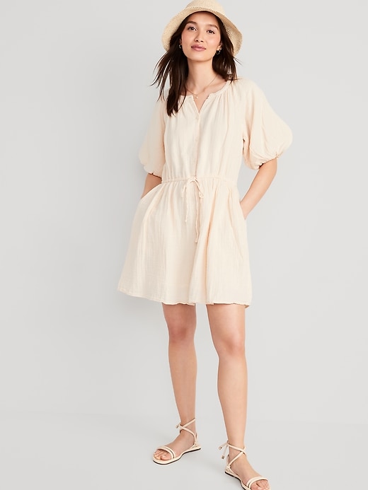 Image number 1 showing, Waist-Defined Puff-Sleeve Mini Dress