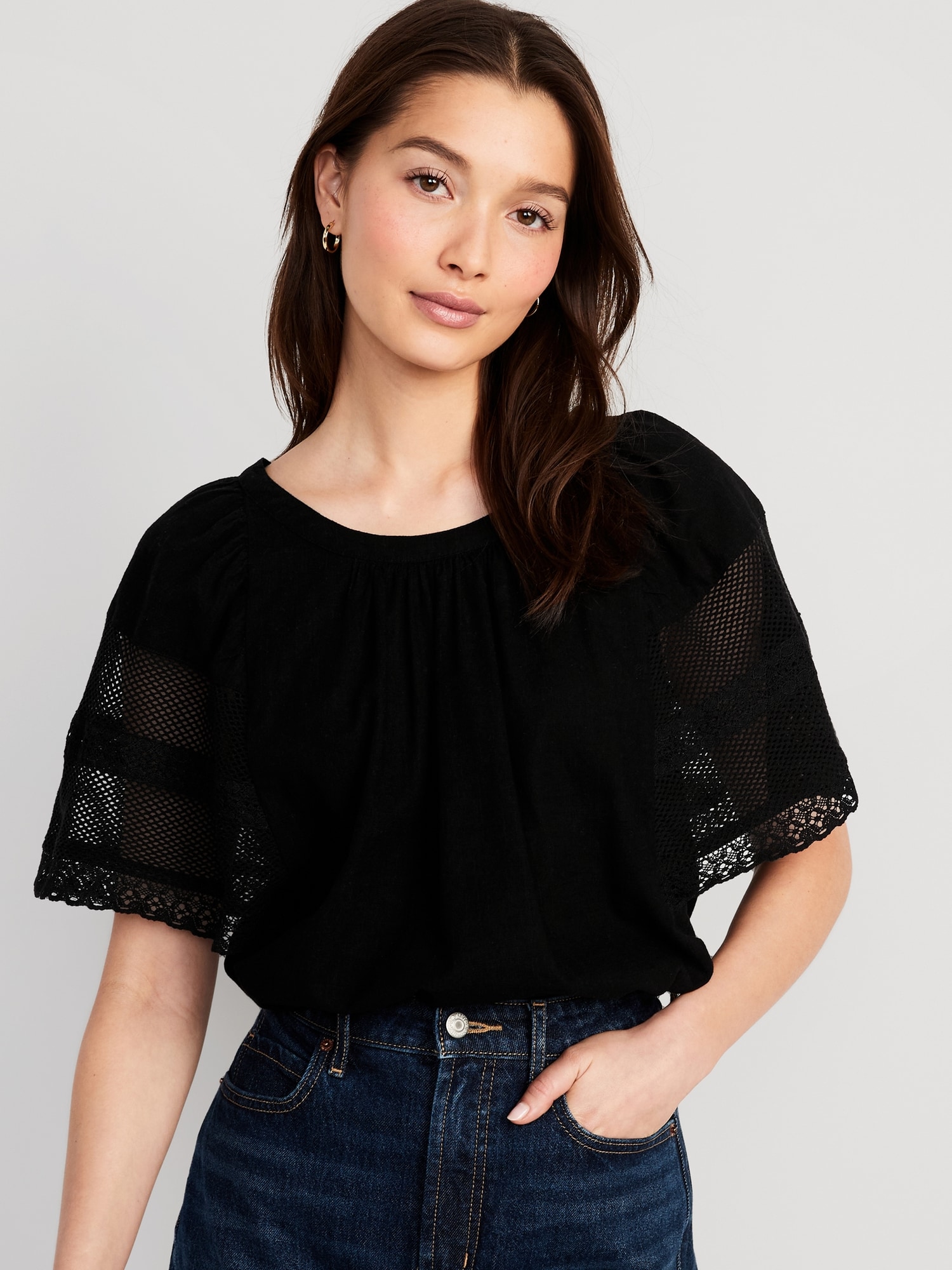 Old Navy Crochet Flutter-Sleeve Swing Top for Women black. 1