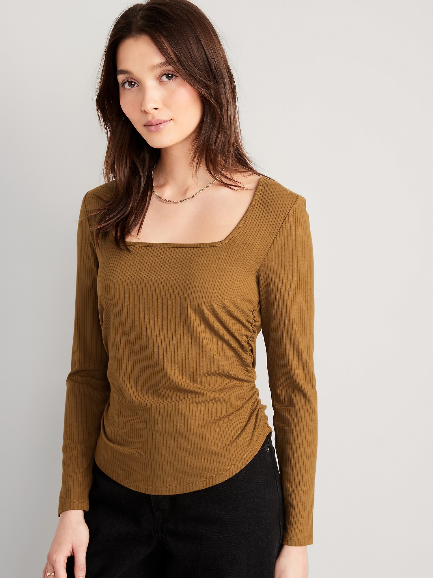 Old Navy Luxe Cropped Rib-Knit Shirred Top for Women brown. 1