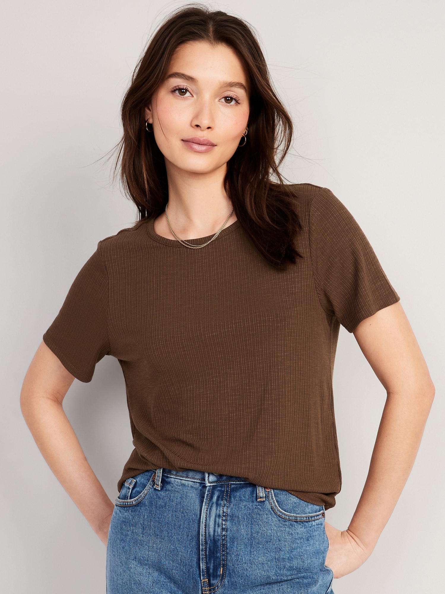 Old Navy Luxe Ribbed Slub-Knit T-Shirt for Women brown. 1