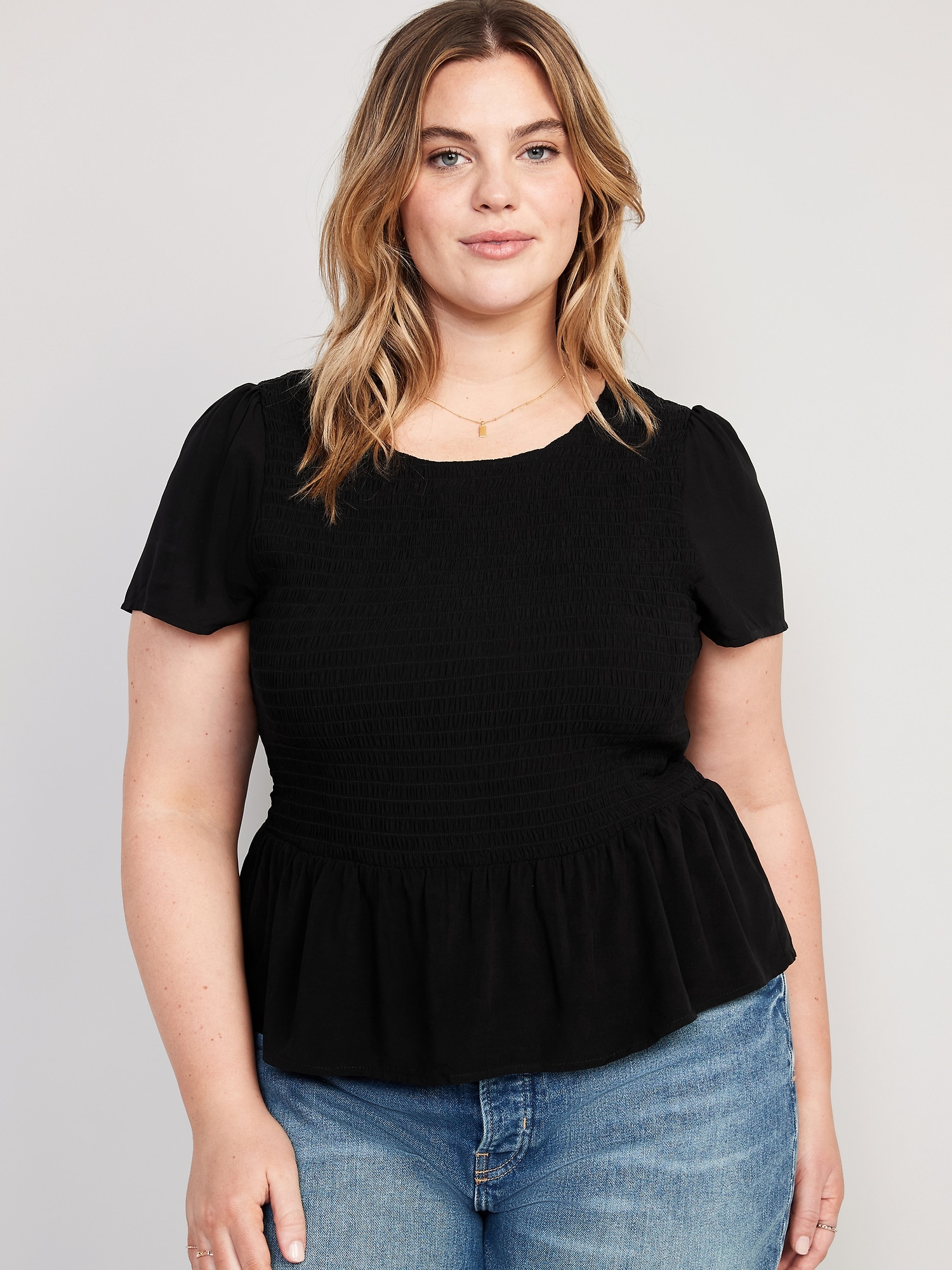 Peplum Smocked Short Sleeve Top  Pretty blouses, Plus size peplum,  Comfortable outfits