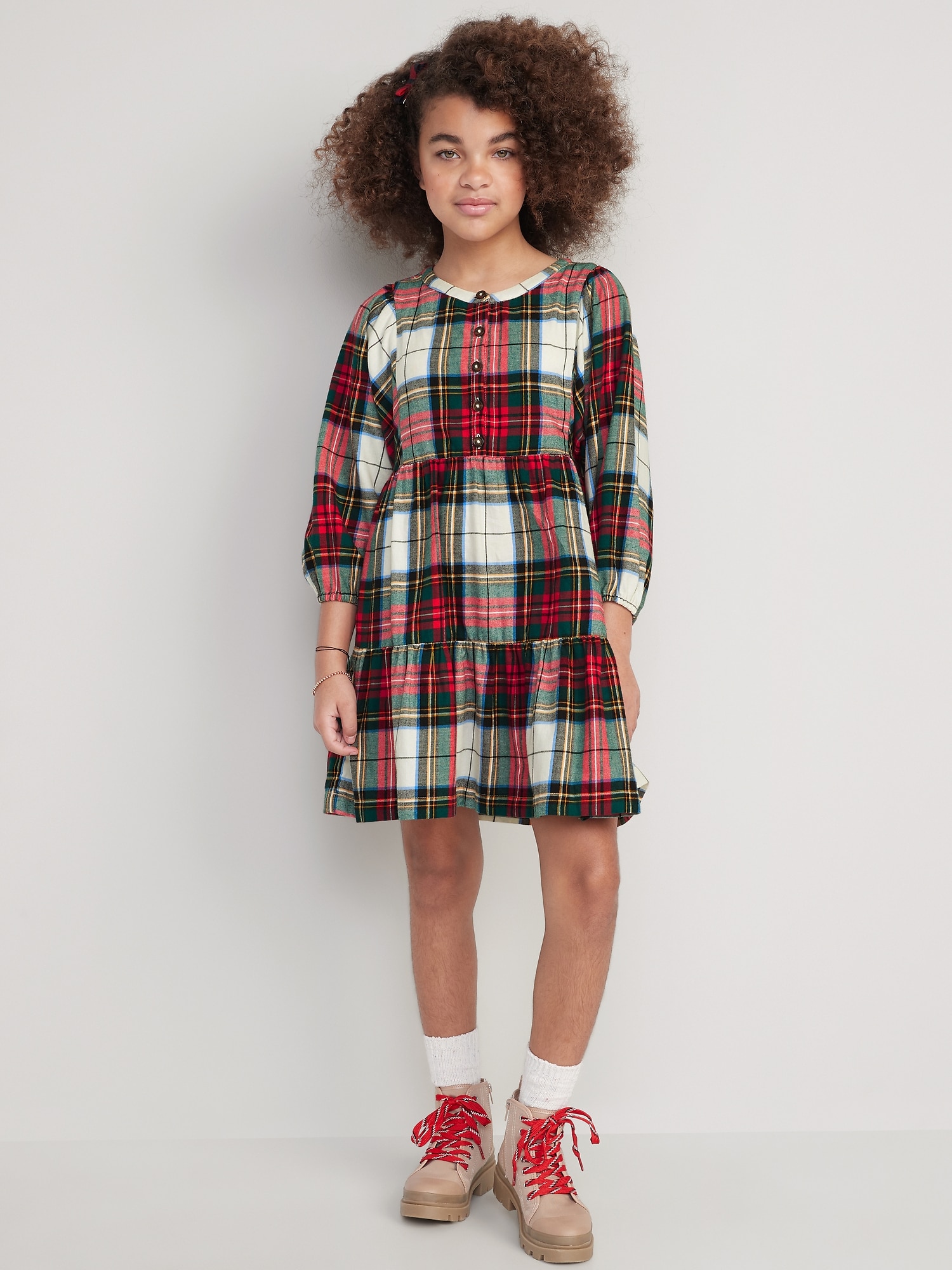 Old Navy Long-Sleeve Button-Front Plaid Swing Dress for Girls white. 1