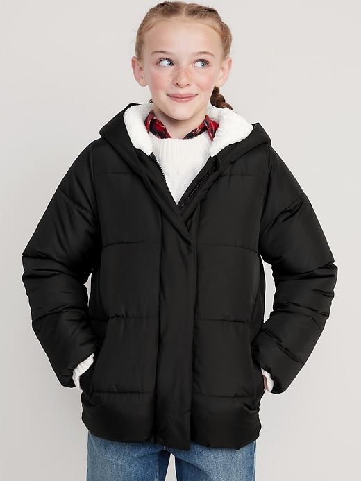 View large product image 1 of 2. Sherpa-Lined Hooded Puffer Jacket for Girls