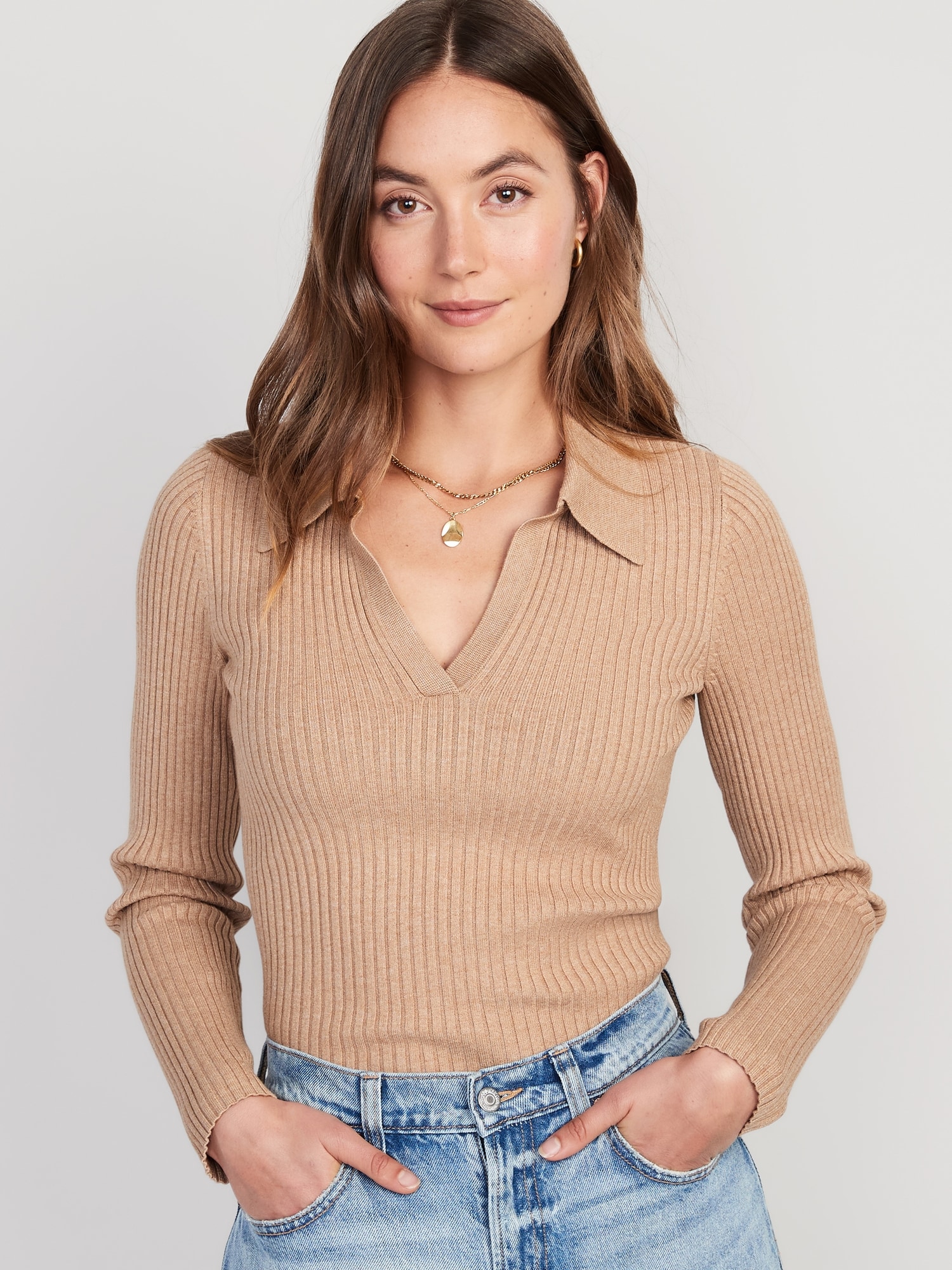 Rib-Knit Collared Sweater