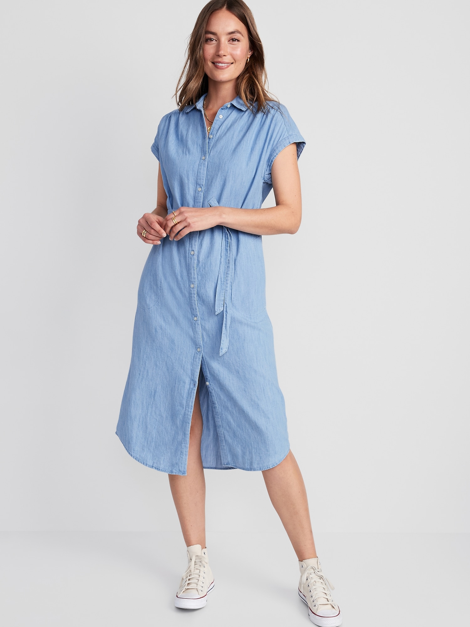 Old Navy Short-Sleeve Waist-Defined Midi Shirt Dress for Women blue. 1