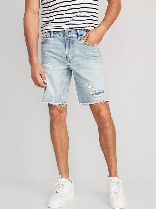 View large product image 1 of 3. Slim Ripped Cut-Off Jean Shorts -- 9-inch inseam