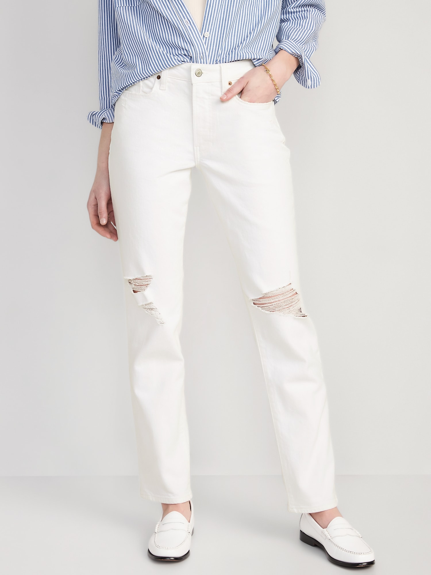 Old Navy High-Waisted OG Straight White-Wash Ripped Jeans for Women white. 1