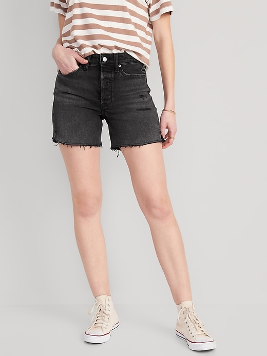 Image number 1 showing, High-Waisted Button-Fly O.G. Straight Ripped Side-Slit Jean Shorts -- 5-inch inseam