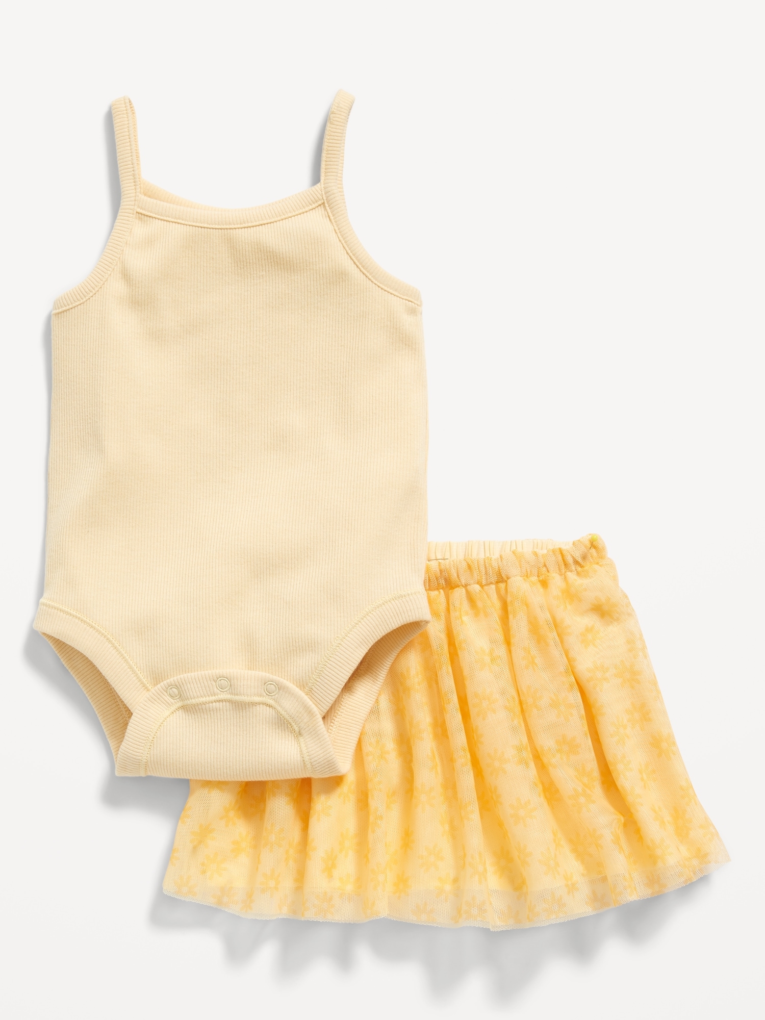 Old Navy Sleeveless Rib-Knit Bodysuit & Printed Tulle Tutu Skirt Set for Baby yellow. 1