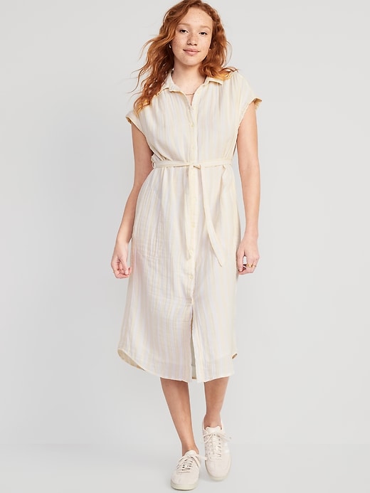 Image number 1 showing, Short-Sleeve Waist-Defined Striped Midi Shirt Dress