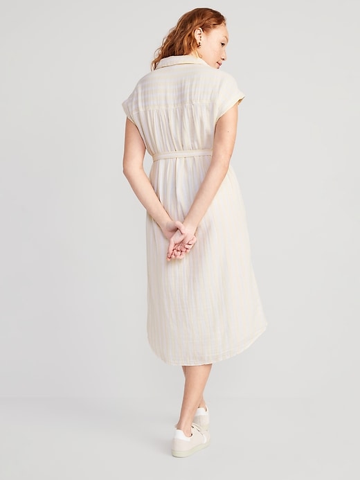 Image number 2 showing, Short-Sleeve Waist-Defined Striped Midi Shirt Dress