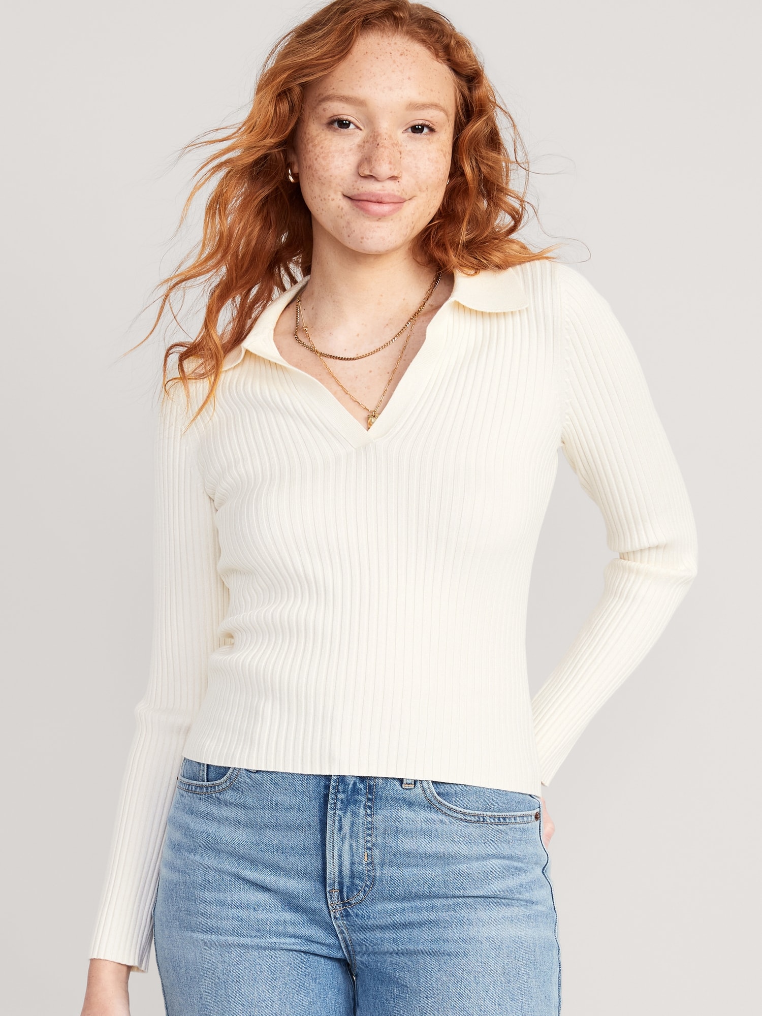Rib-Knit Collared Sweater for Women