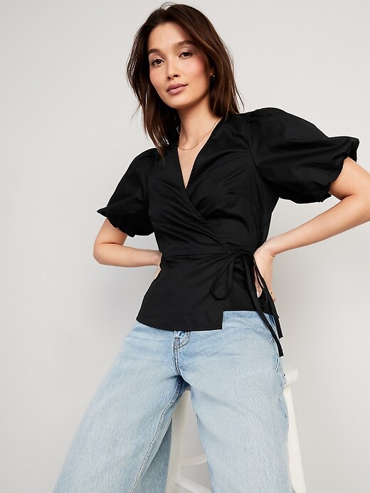 Image number 3 showing, Waist-Defined Puff-Sleeve Tie-Wrap Blouse