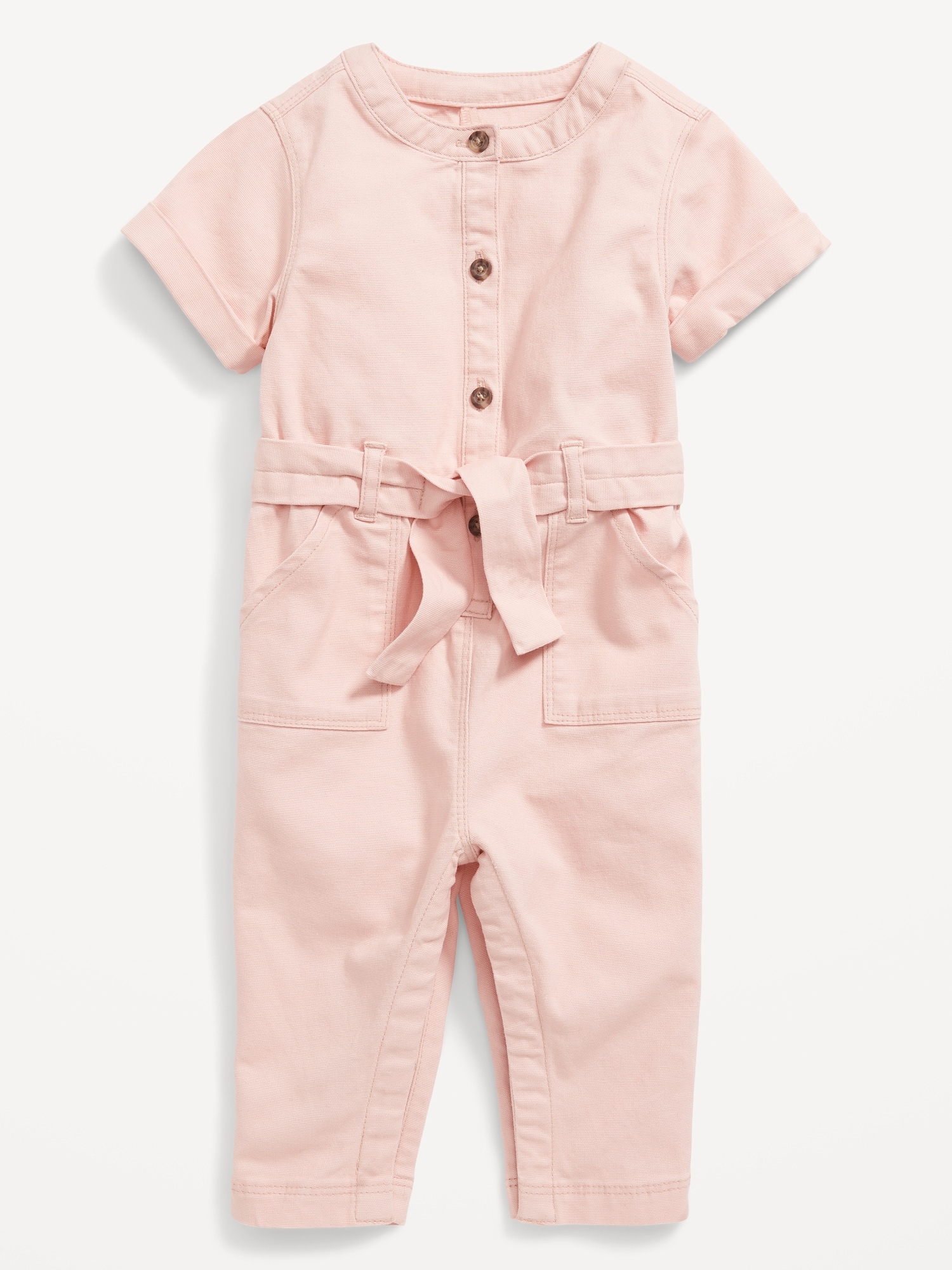 Old Navy Short-Sleeve Canvas Belted Utility One-Piece for Baby pink. 1