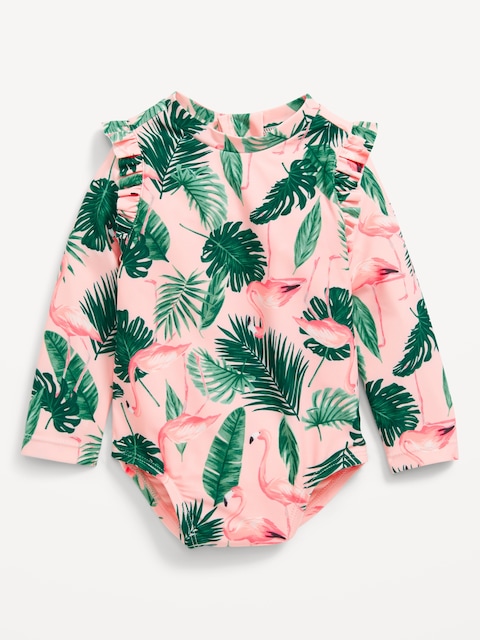 Matching Ruffle-Trim One-Piece Rashguard Swimsuit for Baby