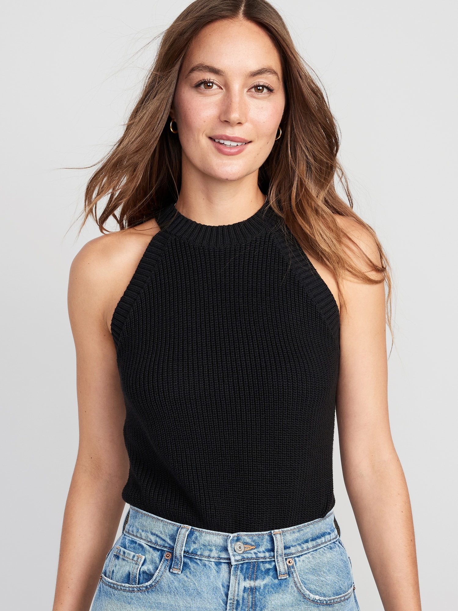 Old Navy Sleeveless Cropped Shaker-Stitch Sweater for Women black. 1