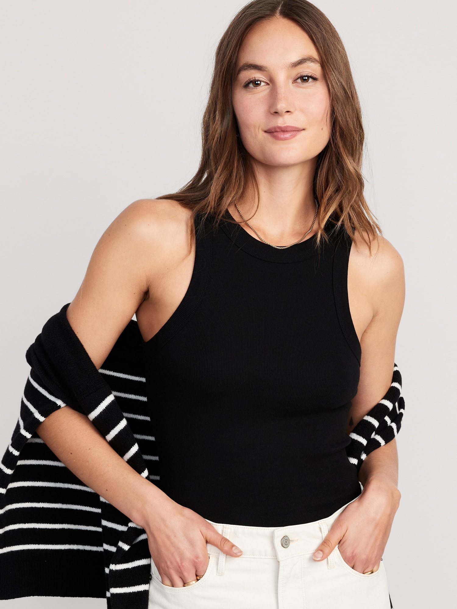 High-Neck Black Ribbed Cropped Tank Top