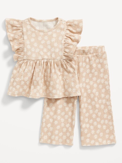View large product image 1 of 2. Sleeveless Ruffle-Trim Printed Top & Wide-Leg Pants Set for Baby