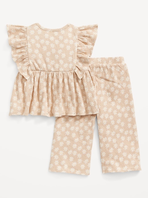 View large product image 2 of 2. Sleeveless Ruffle-Trim Printed Top & Wide-Leg Pants Set for Baby