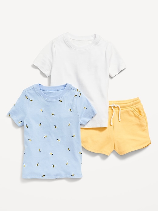 View large product image 1 of 1. Solid T-Shirt, Printed T-Shirt & French Terry Pull-On Shorts 3-Pack for Toddler Girls