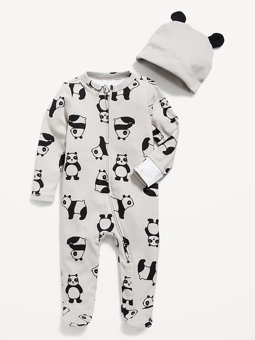View large product image 1 of 2. Unisex Sleep & Play 2-Way-Zip Footed One-Piece and Beanie Set for Baby