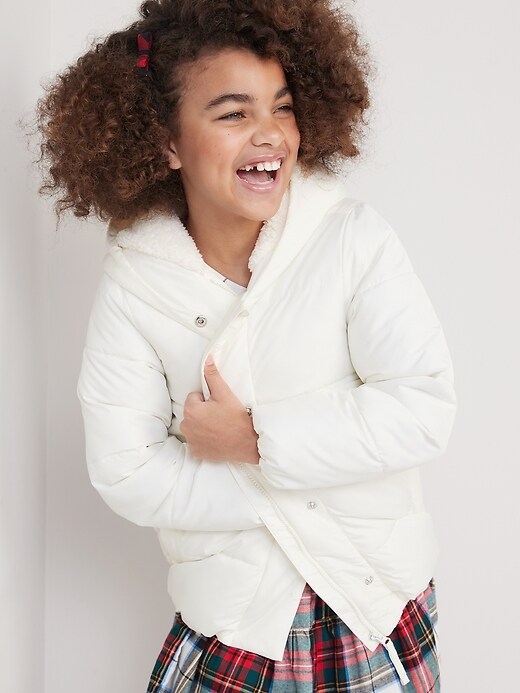 View large product image 1 of 2. Sherpa-Lined Hooded Puffer Jacket for Girls