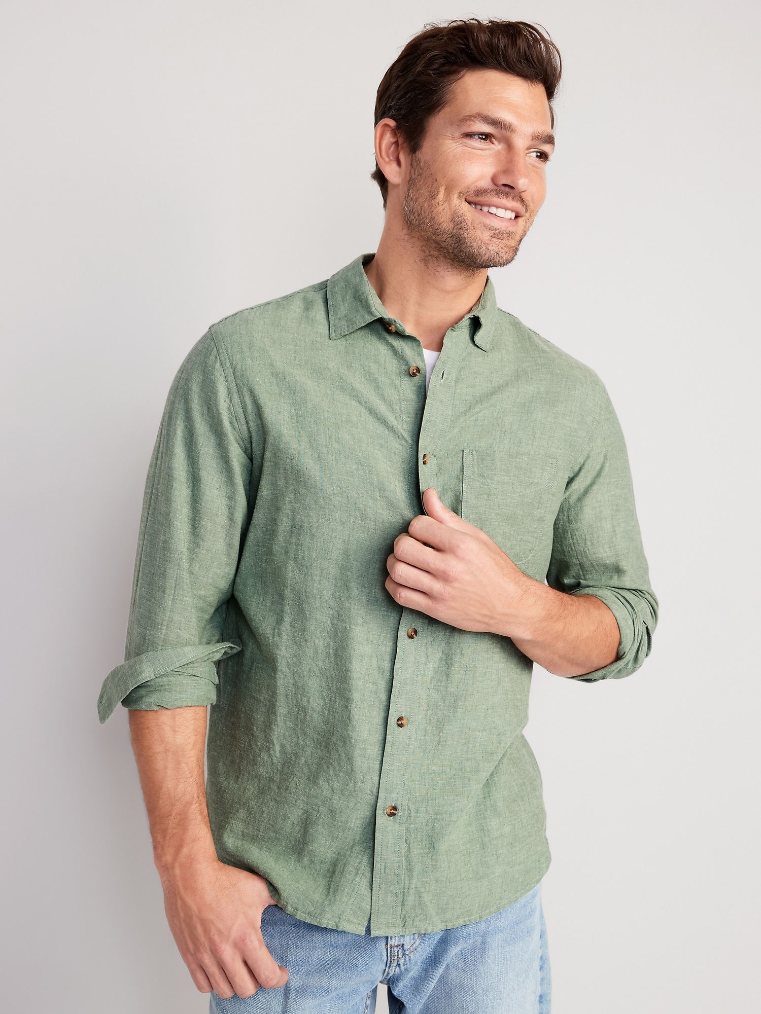 Old Navy Regular-Fit Everyday Non-Stretch Linen-Blend Shirt for Men green. 1