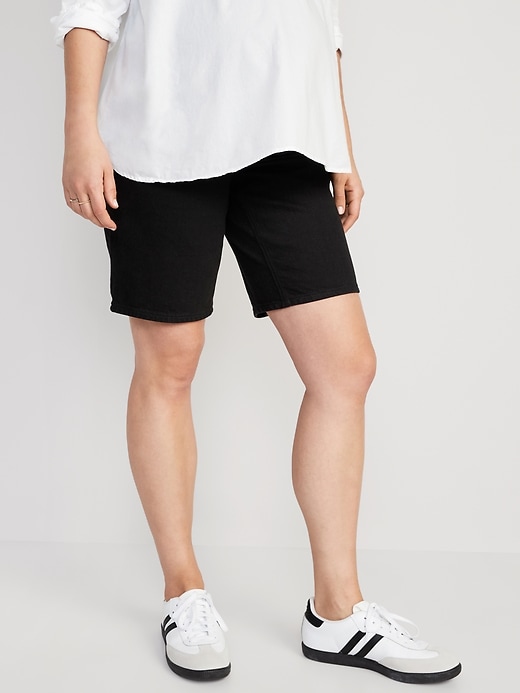 Image number 1 showing, Maternity Full Panel OG Straight Black Jean Shorts -- 9 -inch inseam