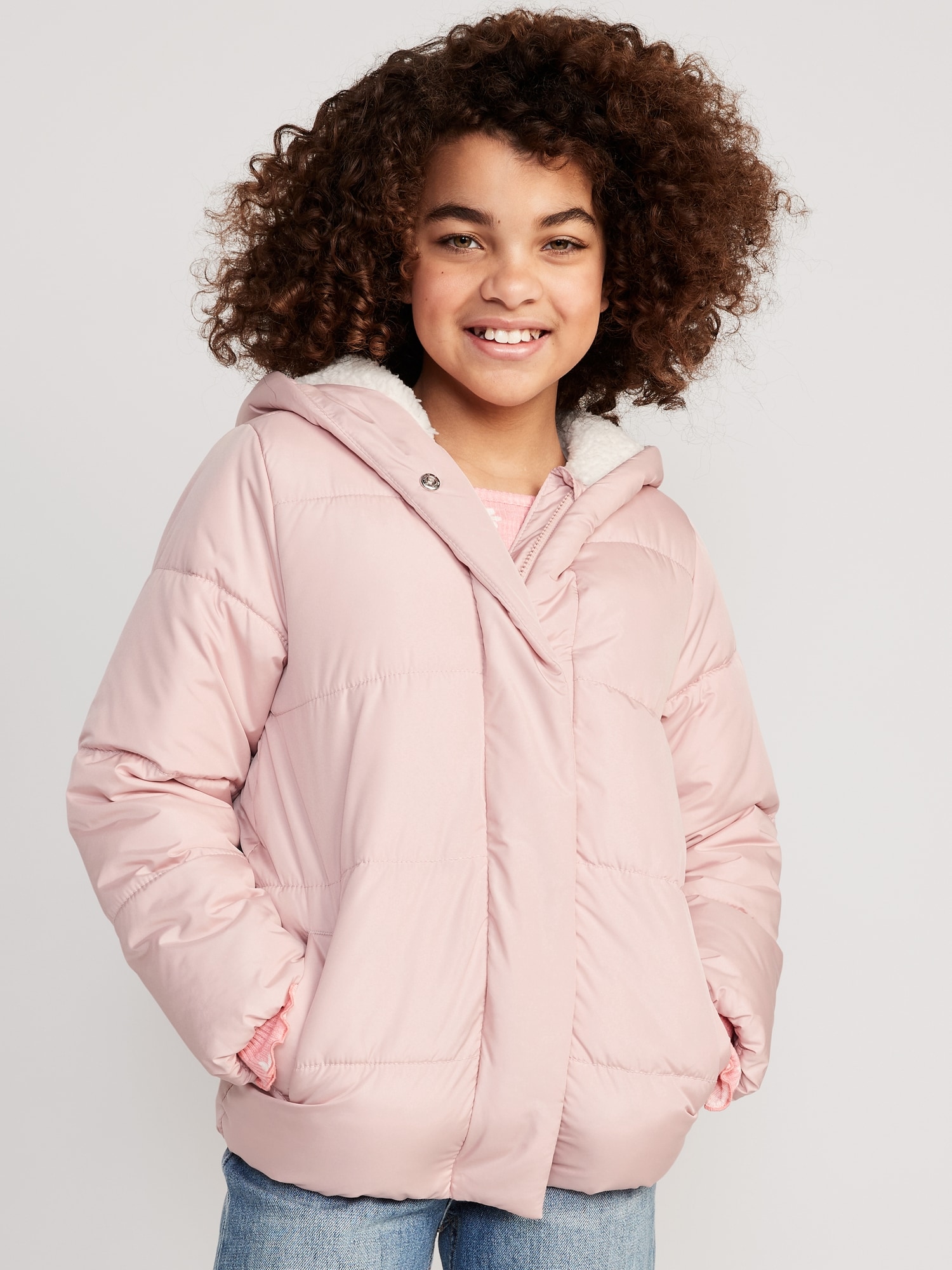 Sherpa-Lined Hooded Puffer Jacket for Girls | Old Navy