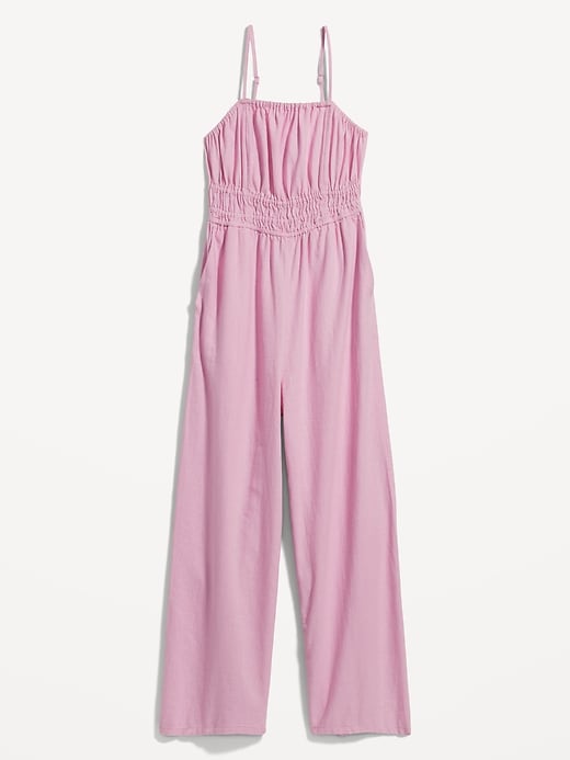 Image number 4 showing, Waist-Defined Linen-Blend Cropped Smocked Cami Jumpsuit