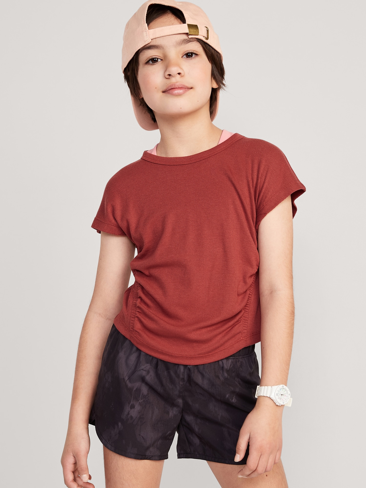 Old Navy UltraLite Short-Sleeve Rib-Knit Side-Ruched T-Shirt for Girls red. 1