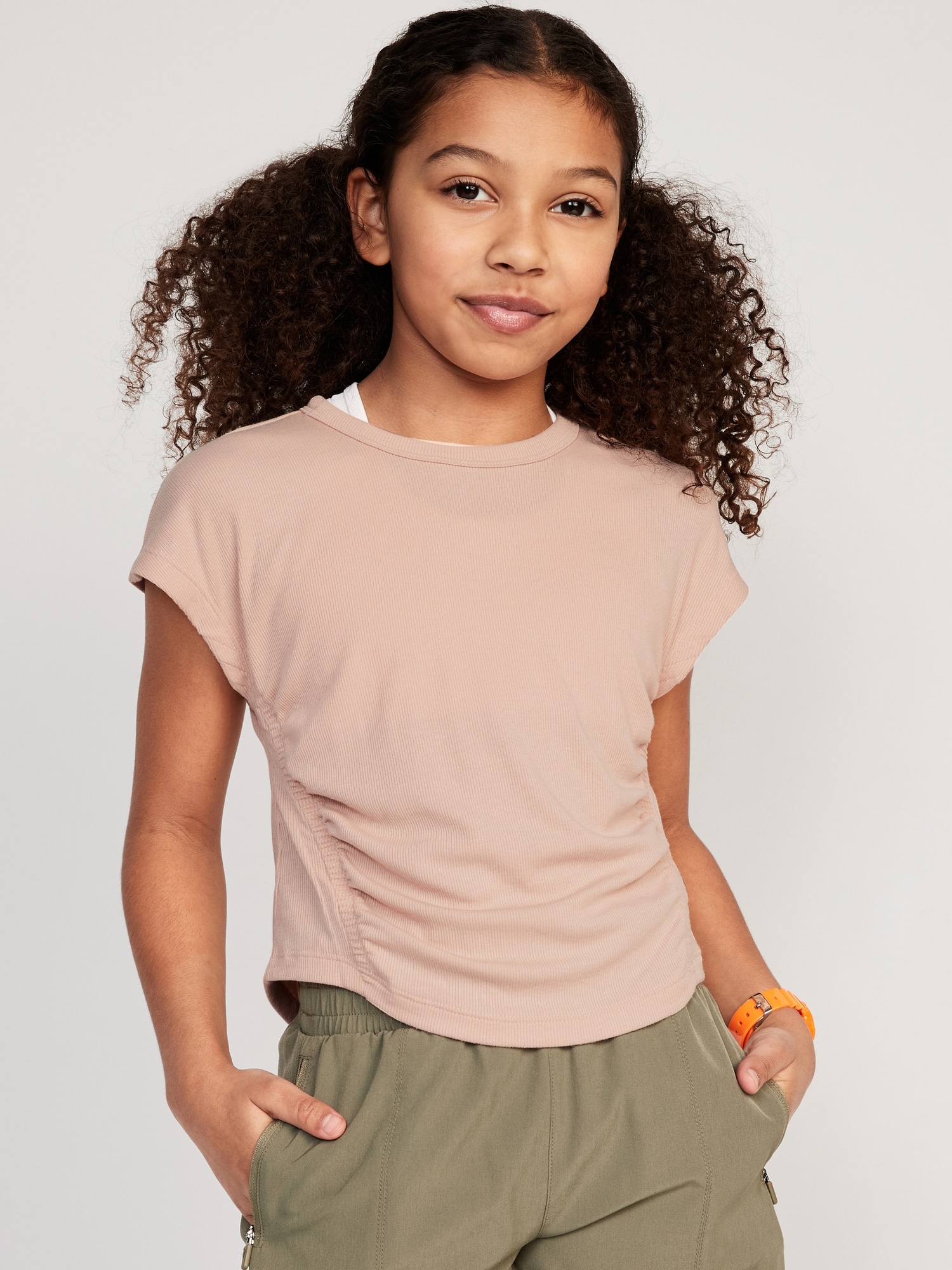Old Navy UltraLite Short-Sleeve Rib-Knit Side-Ruched T-Shirt for Girls pink. 1