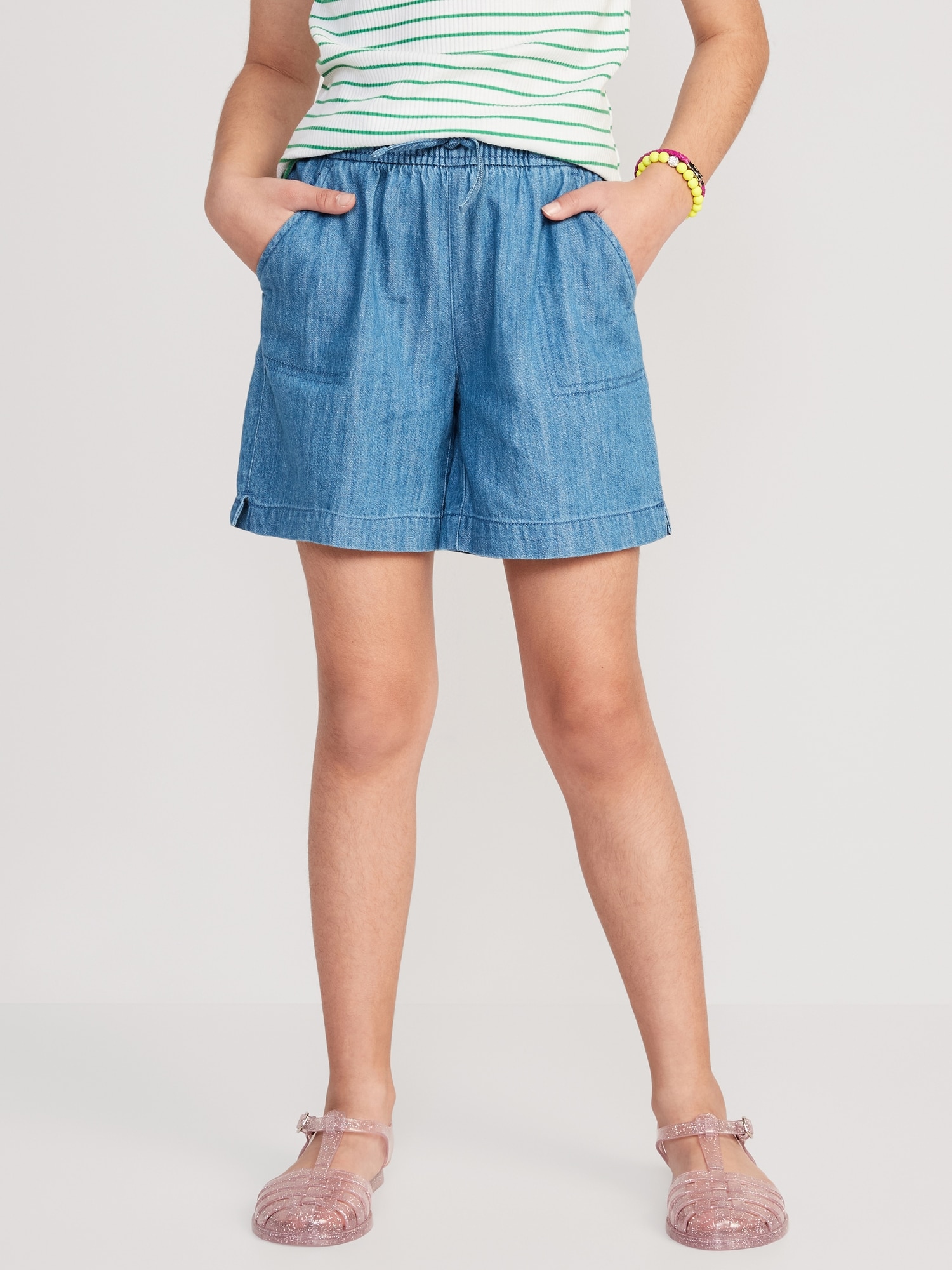 Old Navy Pull-On Chambray Utility Midi Shorts for Girls blue. 1