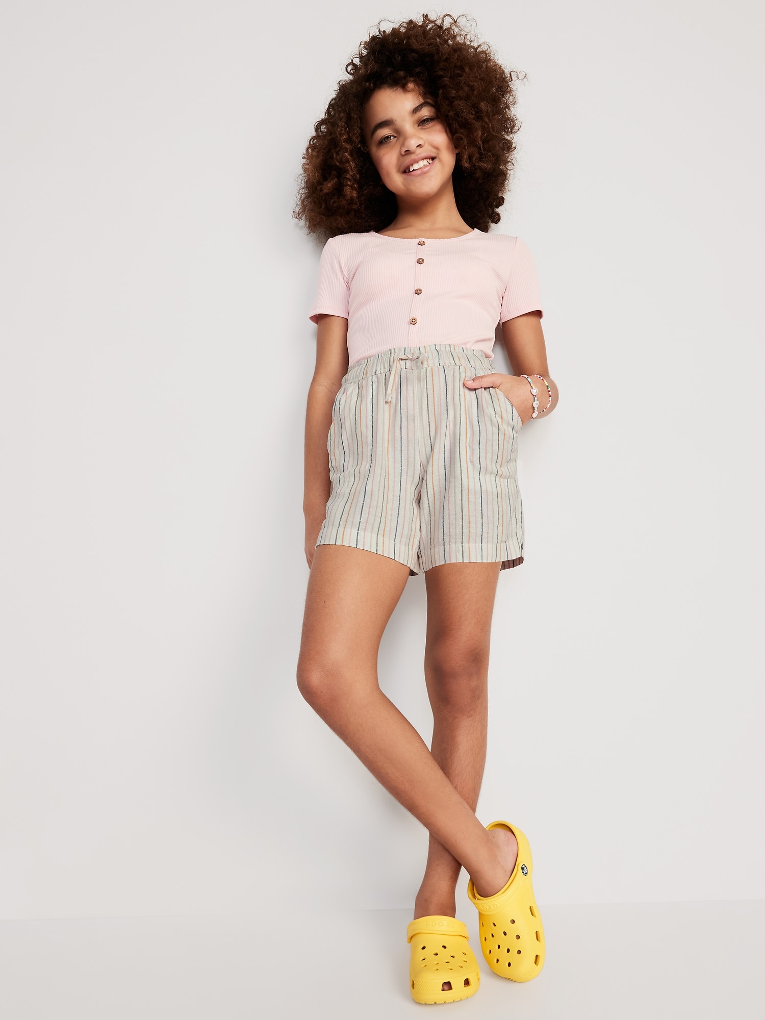 Linen-Blend Printed Drawstring Midi Shorts for Girls | Old Navy