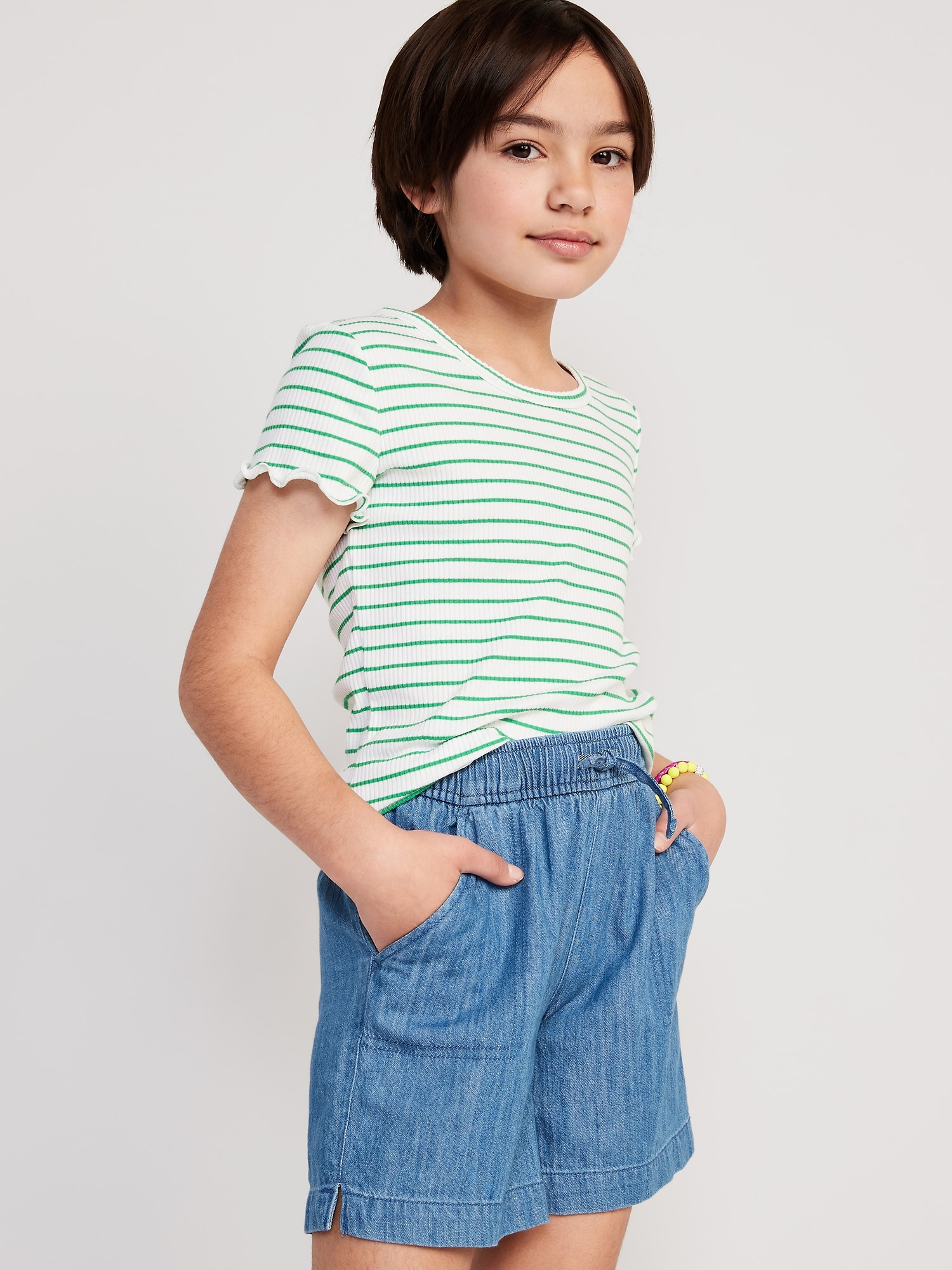 Pull-On Chambray Utility Midi Shorts for Girls | Old Navy