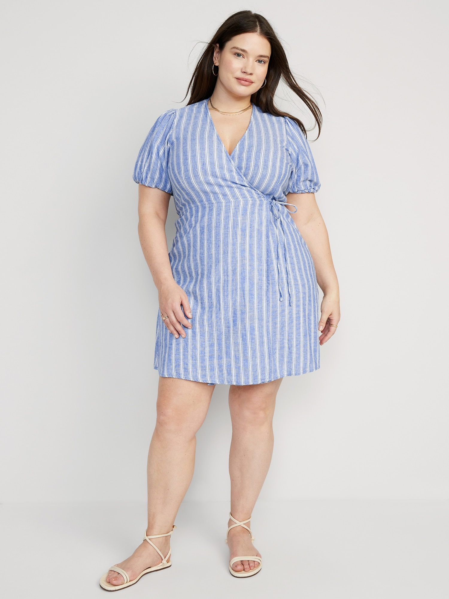 Striped Puff-Sleeve Mini Wrap Dress | Old Navy