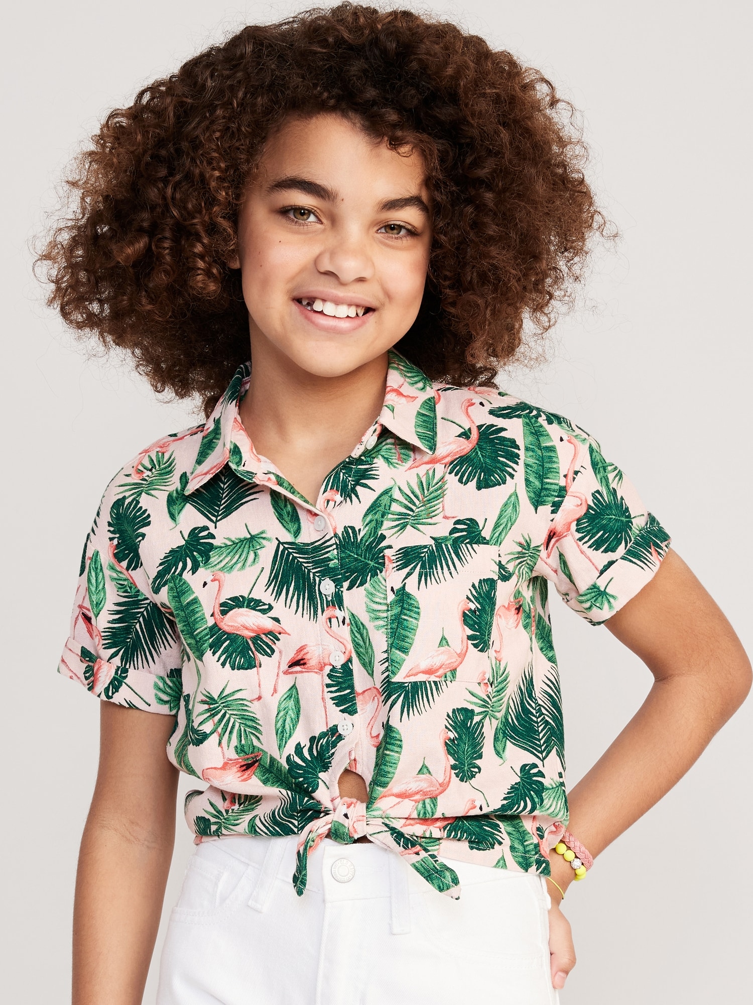 Matching Short-Sleeve Cropped Linen-Blend Tie-Front Top for Girls