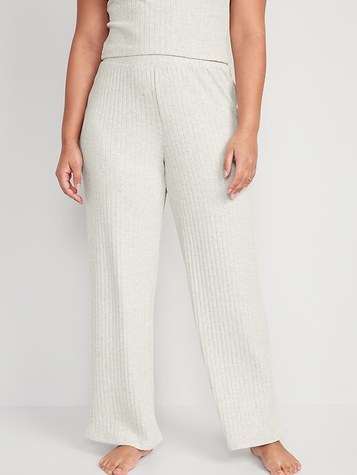 Image number 5 showing, High-Waisted Rib-Knit Wide-Leg Pajama Pants