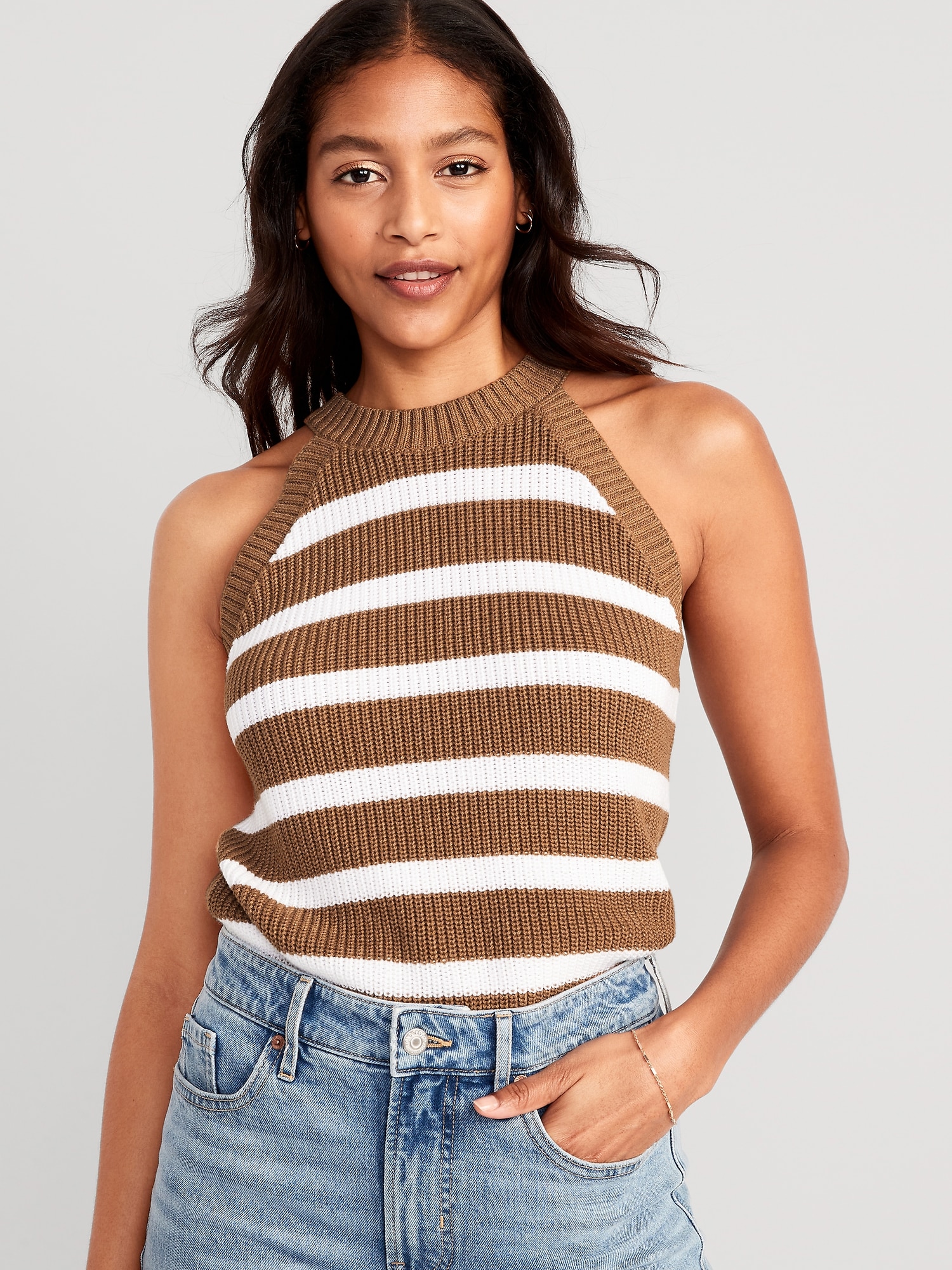Old Navy Sleeveless Striped Shaker-Stitch Cropped Sweater for Women brown. 1