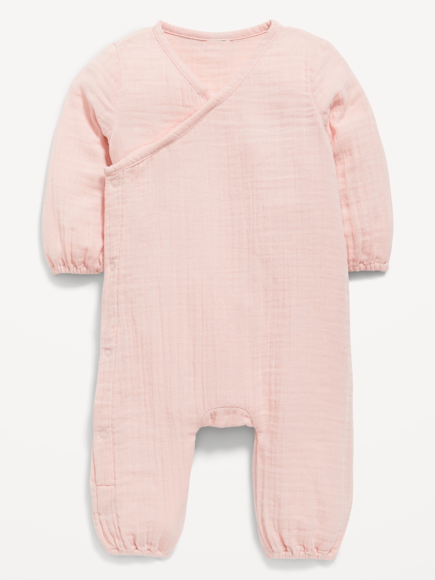 Old Navy Unisex Long-Sleeve Double-Weave Wrap-Front One-Piece for Baby pink. 1
