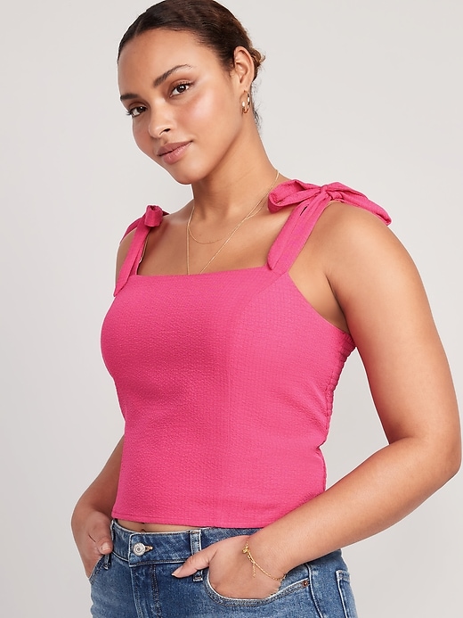Image number 5 showing, Fitted Tie-Shoulder Cropped Dobby Corset Cami Top