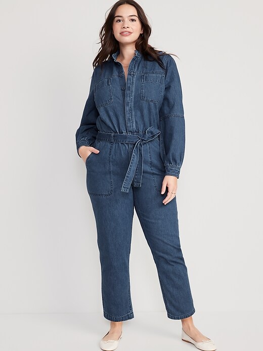 Image number 5 showing, Collarless Jean Utility Jumpsuit for Women