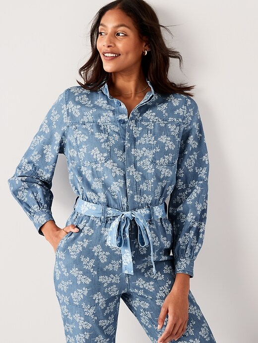 Image number 3 showing, Waist-Defined Floral Utility Non-Stretch Jean Jumpsuit