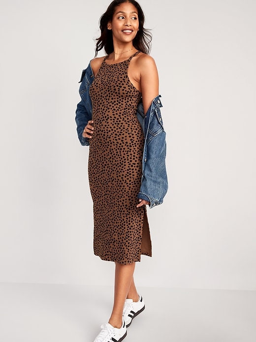 Image number 1 showing, Fitted Leopard-Print Sleeveless Rib-Knit Midi Dress