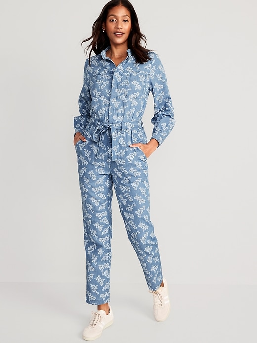 Image number 1 showing, Waist-Defined Floral Utility Non-Stretch Jean Jumpsuit