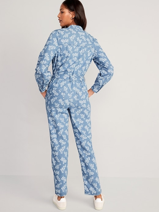 Image number 2 showing, Waist-Defined Floral Utility Non-Stretch Jean Jumpsuit