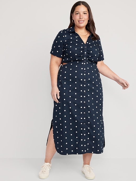 knee length dresses for ladies Navy Polka Dot Linen Midi Dress  self-portrait-US