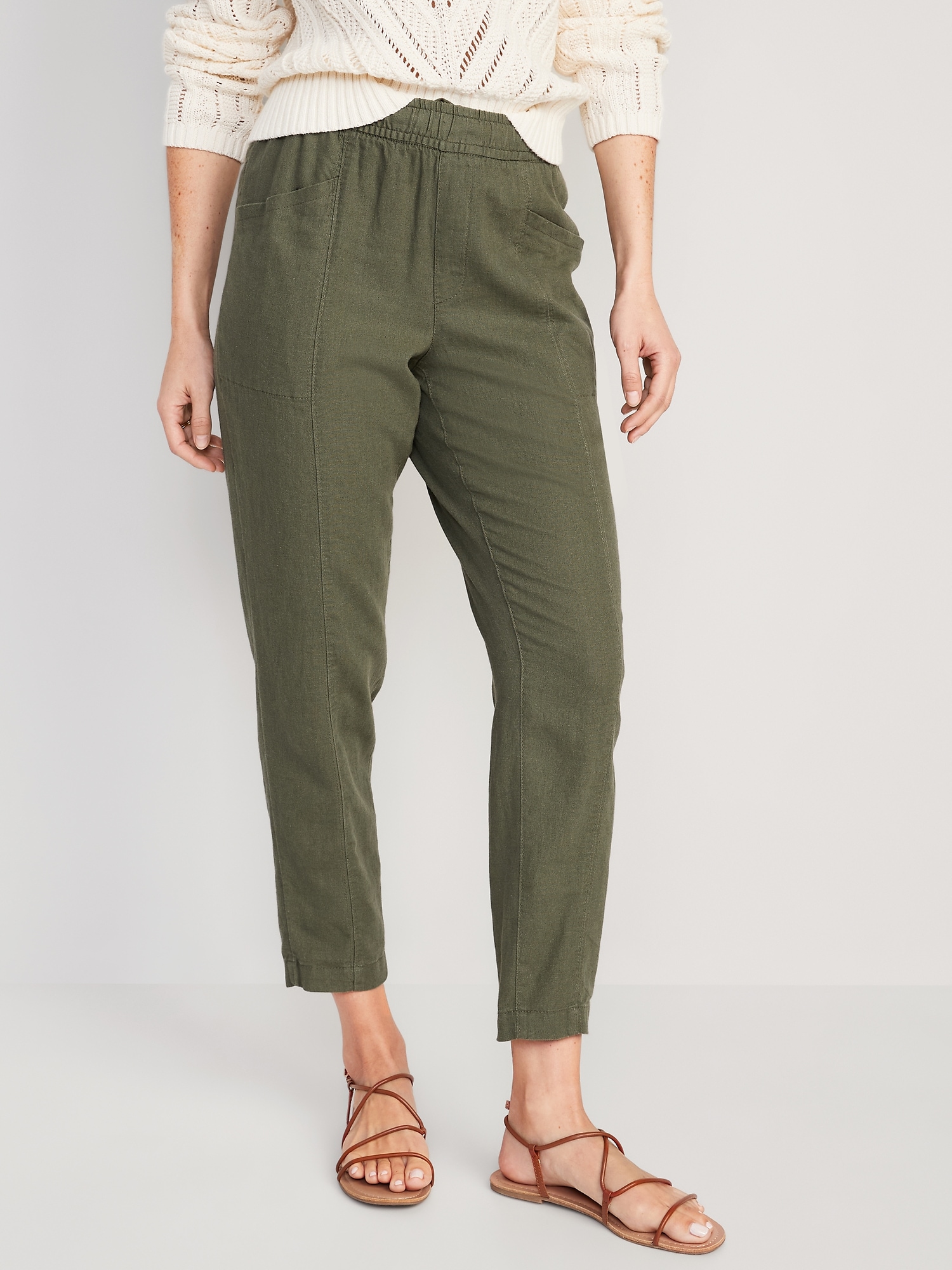 Old Navy High-Waisted Cropped Linen-Blend Tapered Pants for Women green. 1