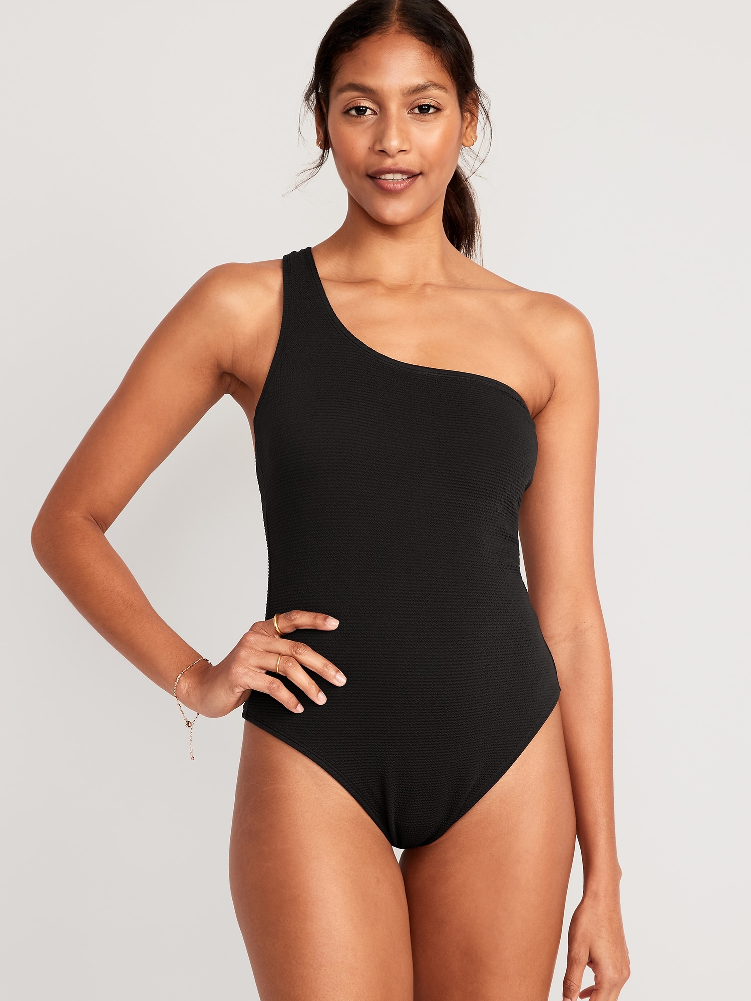 Old Navy One-Shoulder Pucker Swimsuit for Women black. 1