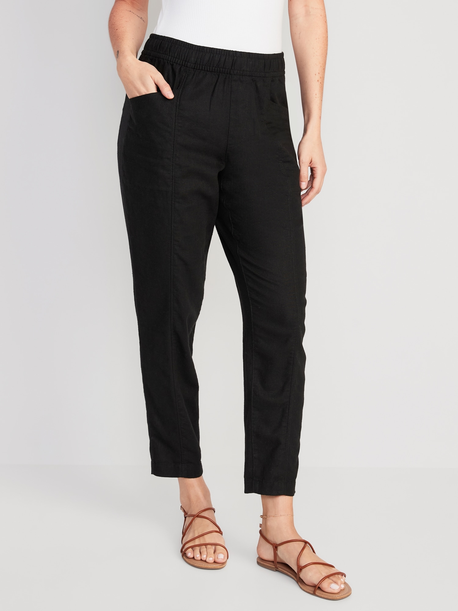 Old Navy High-Waisted Cropped Linen-Blend Tapered Pants for Women black. 1